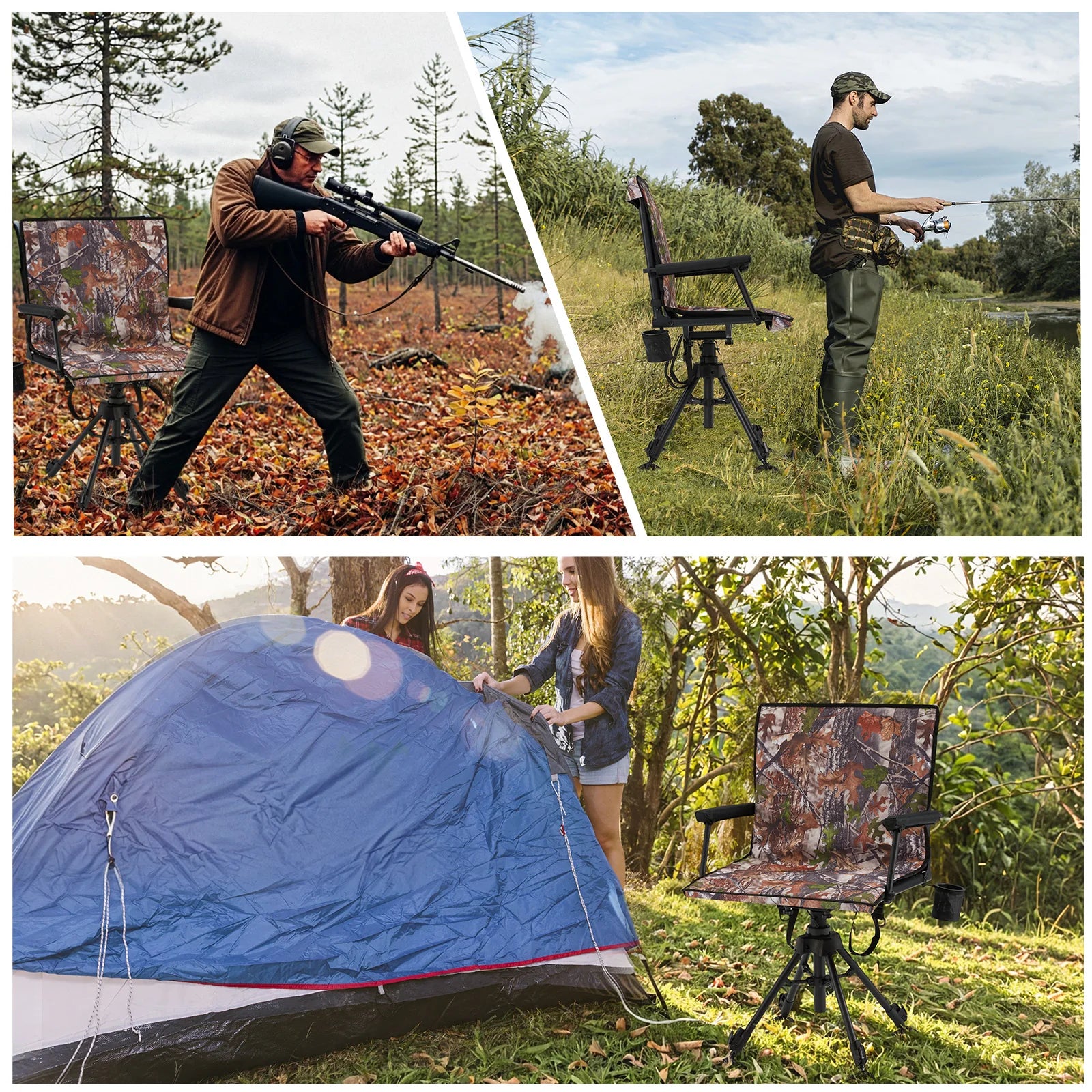 AECOJOY 360 Degree Silent Swivel Hunting Blind Chair with Bottle Rack,  Adjustable Height Camo Portable Foldable Outdoor Hunting and Fishing Chair