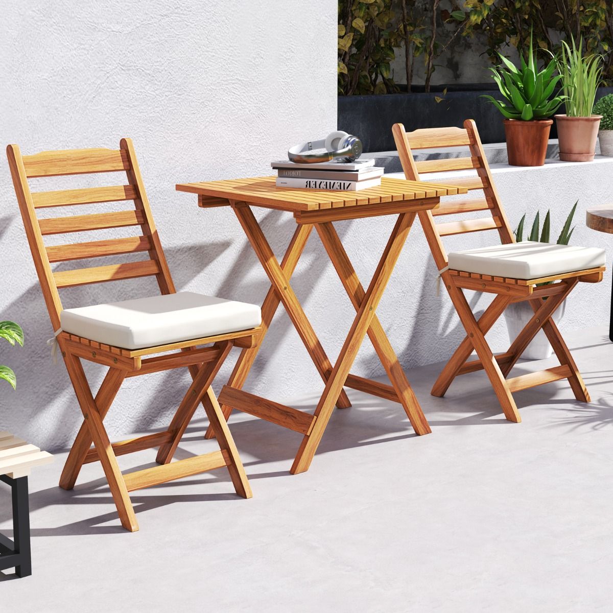 Acacia Wood Outdoor Bistro Set Folding Chairs and Table Set High Back Armless Seat Cushions White -