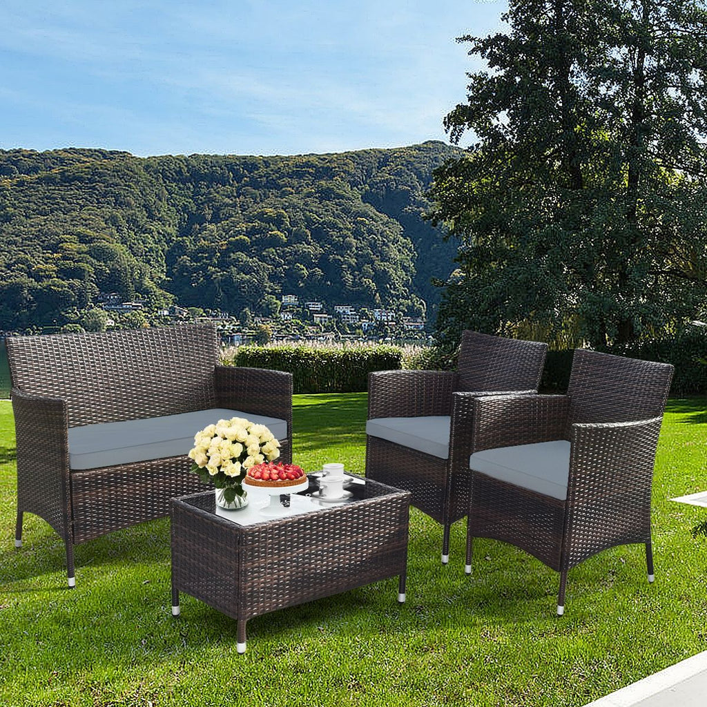 Garden Furniture 4 PCS PE Rattan Terrace Furniture for Veranda Patio Terrace Swimming Pool Brown and Gray -