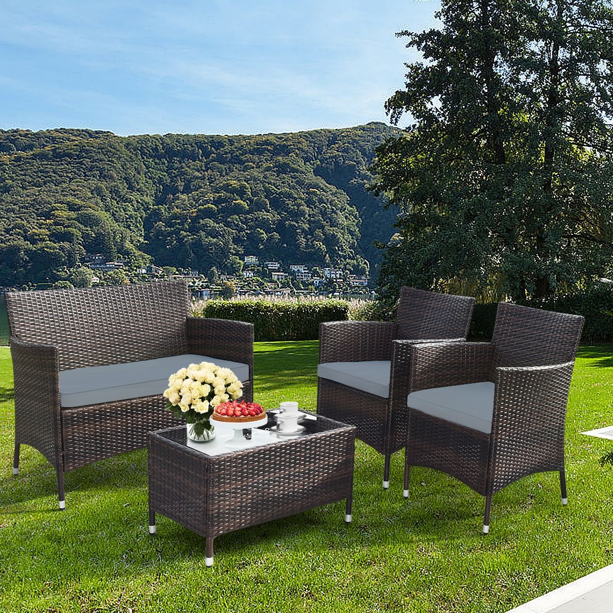 Garden Furniture 4 PCS PE Rattan Terrace Furniture for Veranda Patio Terrace Swimming Pool Brown and Gray -