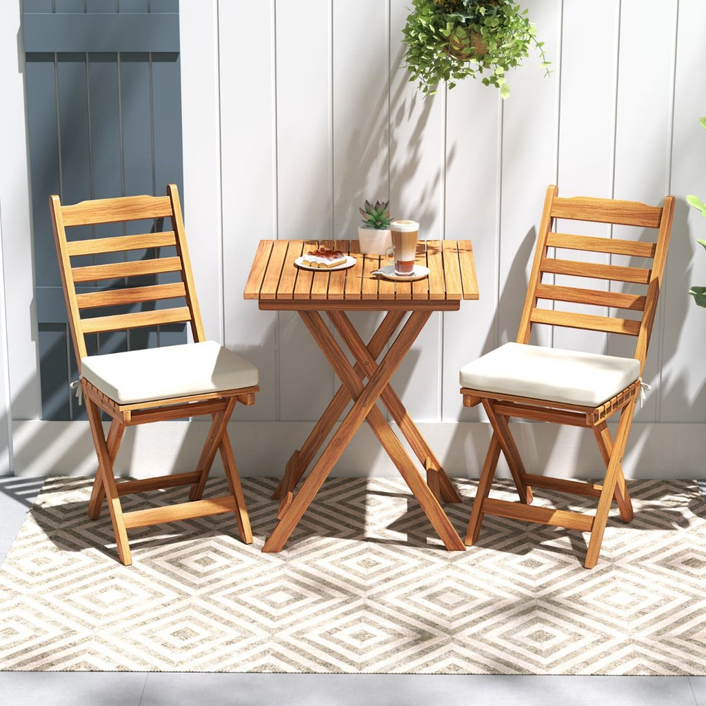 Acacia Wood Outdoor Bistro Set Folding Chairs and Table Set High Back Armless Seat Cushions White -