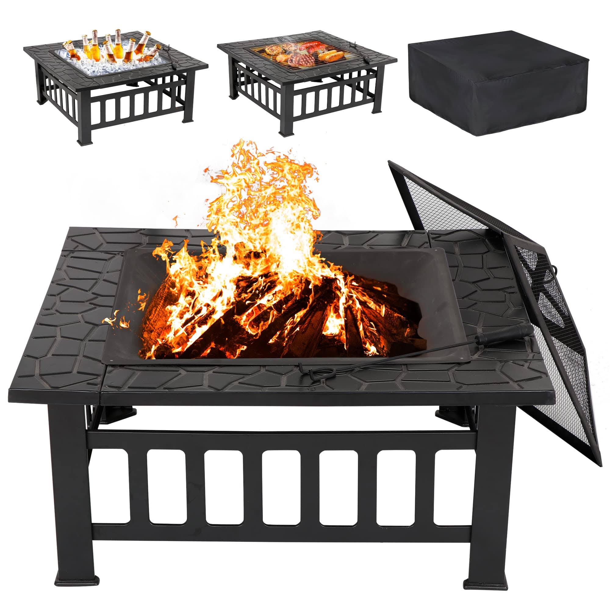 Lemy 32 inch Outdoor Square Metal Firepit Backyard Patio Garden Stove Wood Burning BBQ Fire Pit with Rain - Product image 1