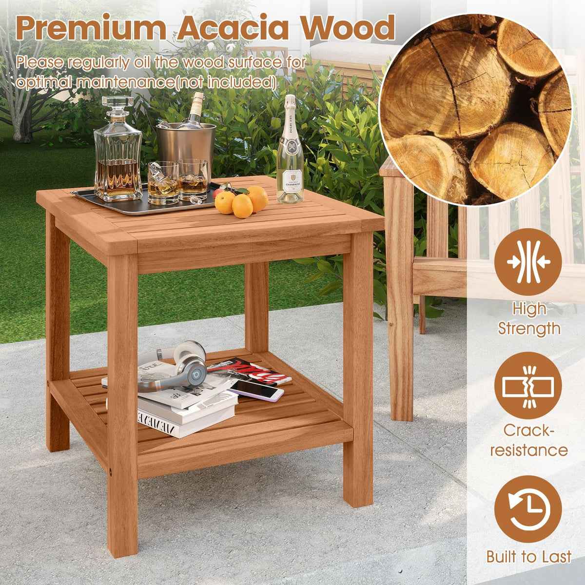 Tangkula 2 Tier Acacia Wood Square End Table with Slatted Tabletop & Storage Shelf - Product image 4