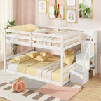 Full Over Full Bunk Bed with Storage Stairs, Solid Wood Floor Bunk Bed with Full-Length Guardrails - Product image 1