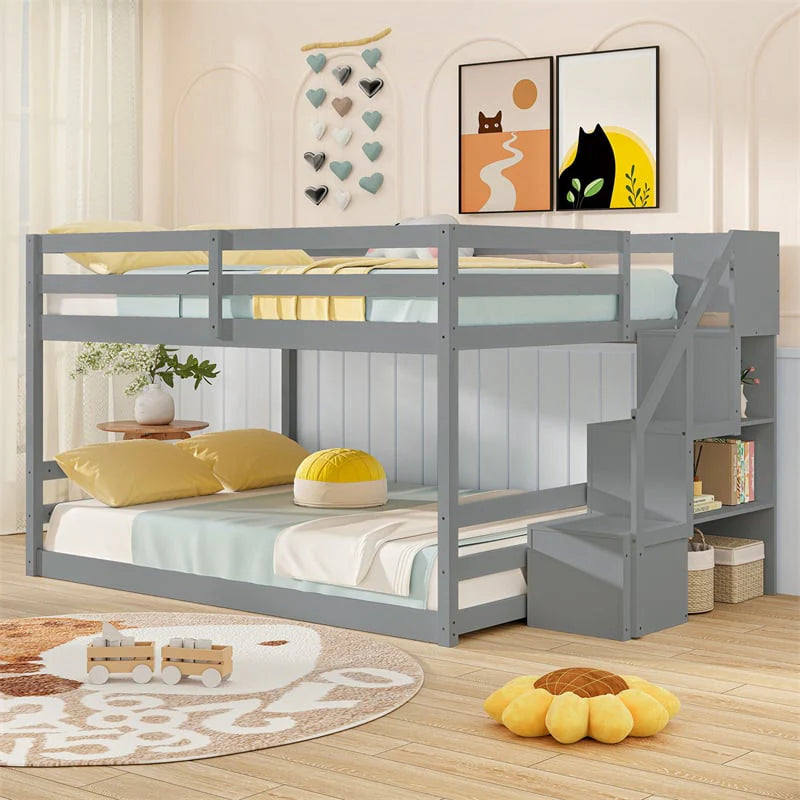 Full Over Full Bunk Bed with Storage Stairs, Solid Wood Floor Bunk Bed with Full-Length Guardrails - Product image 10