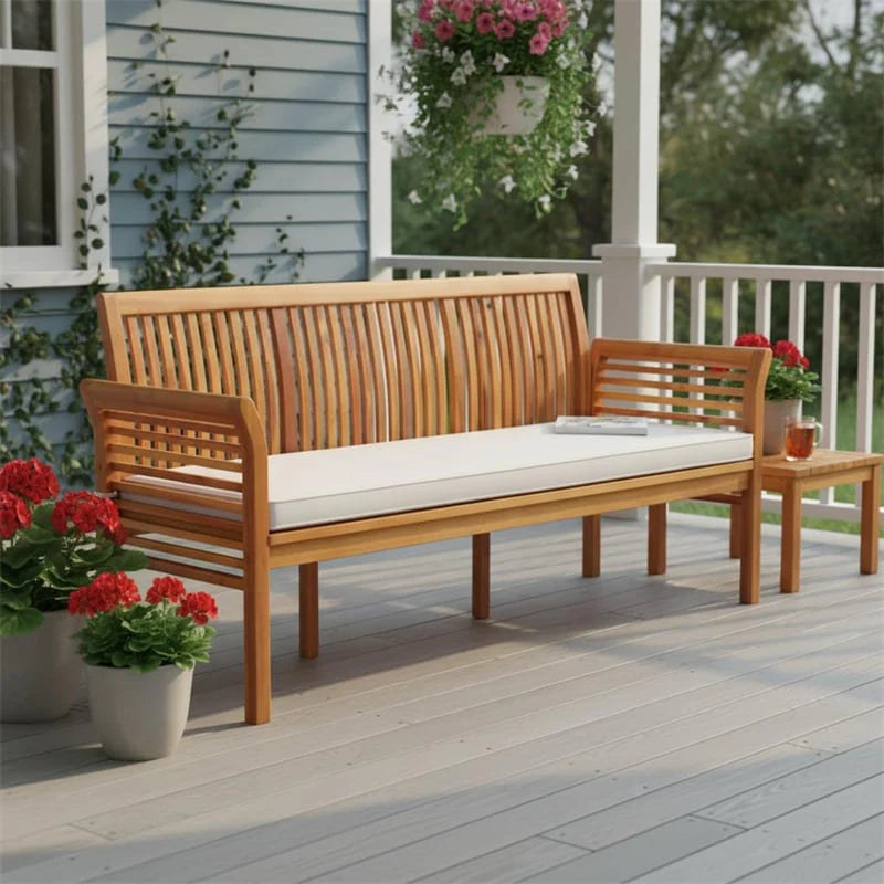 62.5" Outdoor Acacia Wood Bench with Removable Cushion, 3-Person Patio Garden Bench with High Backrest & - Product image 10