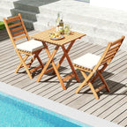 Acacia Wood Outdoor Bistro Set Folding Chairs and Table Set High Back Armless Seat Cushions White -
