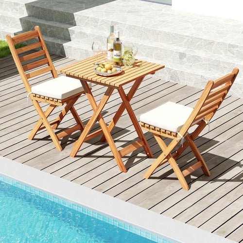 Acacia Wood Outdoor Bistro Set Folding Chairs and Table Set High Back Armless Seat Cushions White -