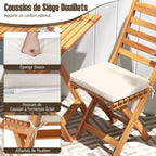 Acacia Wood Outdoor Bistro Set Folding Chairs and Table Set High Back Armless Seat Cushions White -