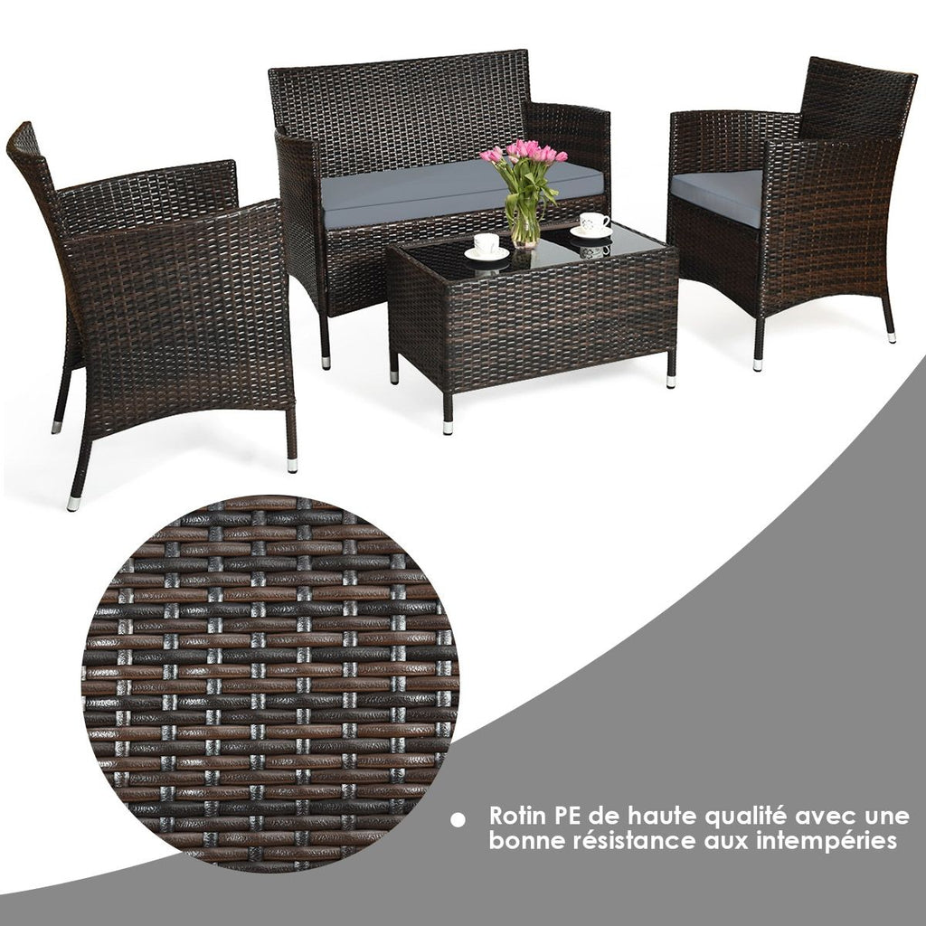 Garden Furniture 4 PCS PE Rattan Terrace Furniture for Veranda Patio Terrace Swimming Pool Brown and Gray -