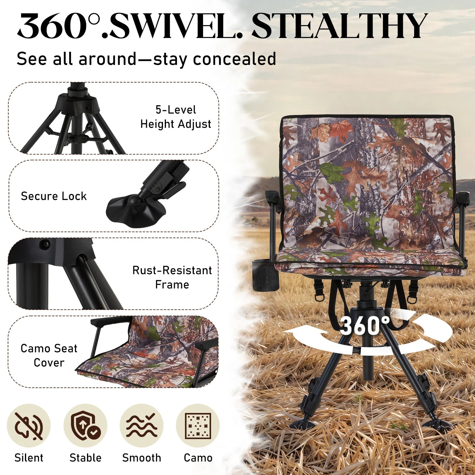 AECOJOY 360 Degree Silent Swivel Hunting Blind Chair with Bottle Rack,  Adjustable Height Camo Portable Foldable Outdoor Hunting and Fishing Chair