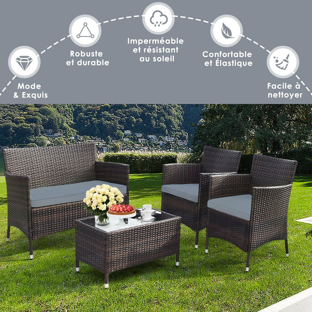Garden Furniture 4 PCS PE Rattan Terrace Furniture for Veranda Patio Terrace Swimming Pool Brown and Gray -