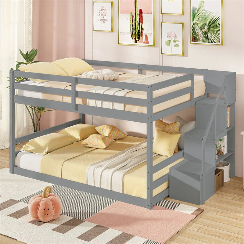 Full Over Full Bunk Bed with Storage Stairs, Solid Wood Floor Bunk Bed with Full-Length Guardrails - Product image 20