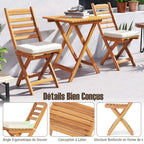 Acacia Wood Outdoor Bistro Set Folding Chairs and Table Set High Back Armless Seat Cushions White -