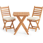 Acacia Wood Outdoor Bistro Set Folding Chairs and Table Set High Back Armless Seat Cushions White -