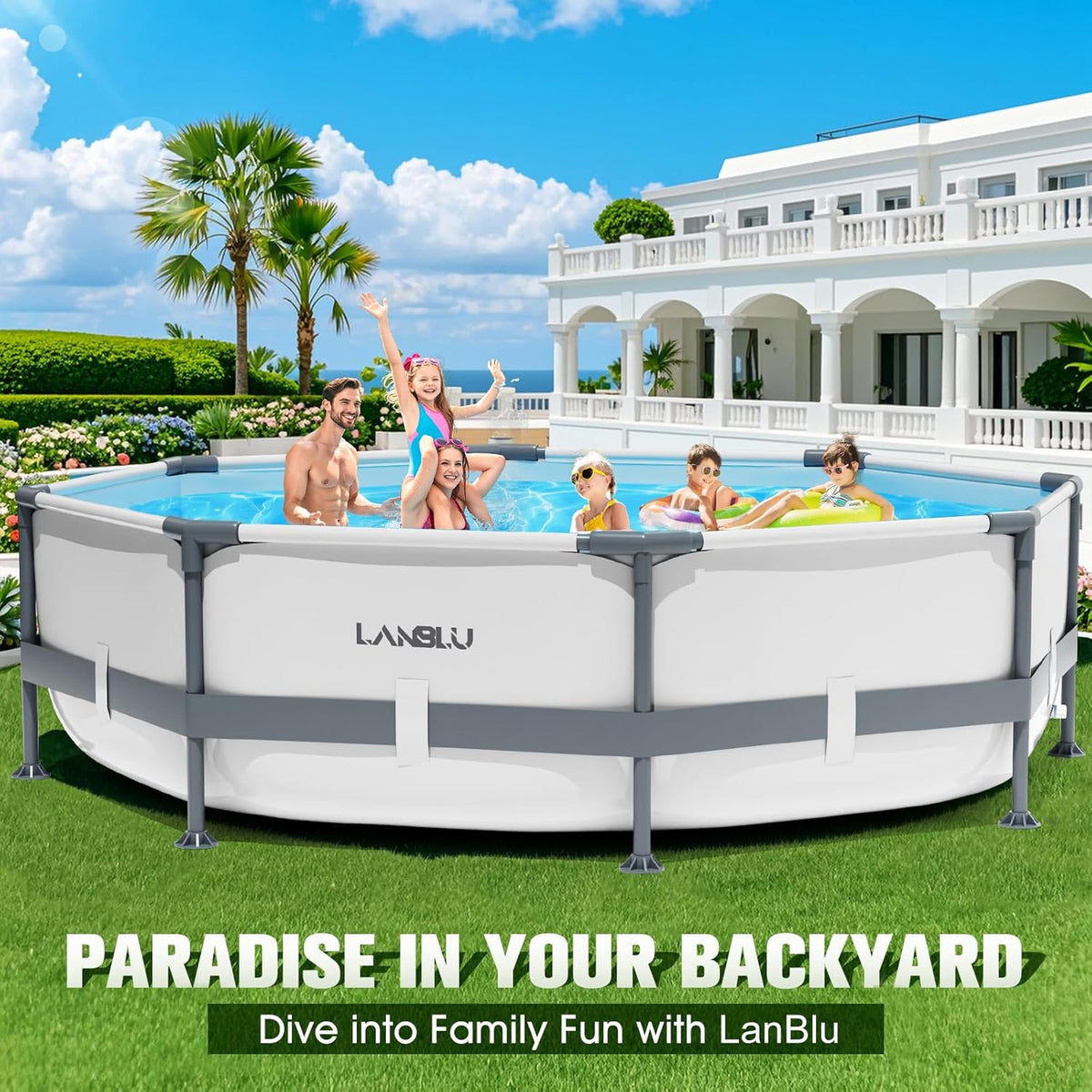 Round Tubular Swimming Pool 300 x 300 x 76cm, Round Above Ground Swimming Pool with Puncture-Proof Material, Large Steel Frame Swimming Pools for Adults Quick Draining, Garden Tubular Swimming Pools for the Whole Family