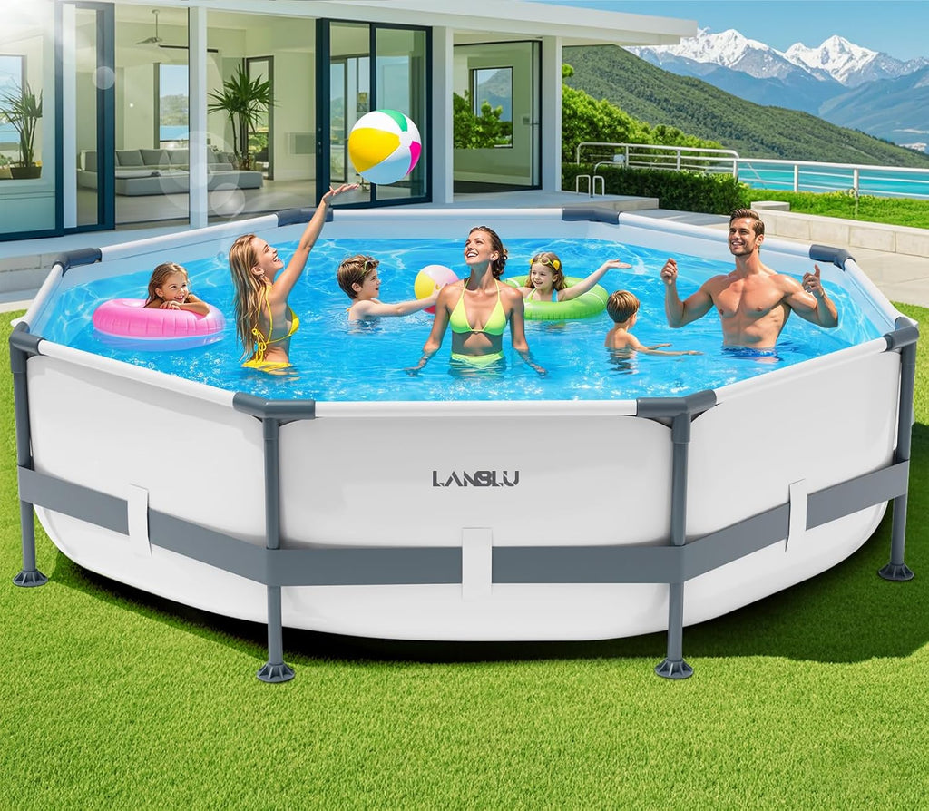 Round Tubular Swimming Pool 300 x 300 x 76cm, Round Above Ground Swimming Pool with Puncture-Proof Material, Large Steel Frame Swimming Pools for Adults Quick Draining, Garden Tubular Swimming Pools for the Whole Family
