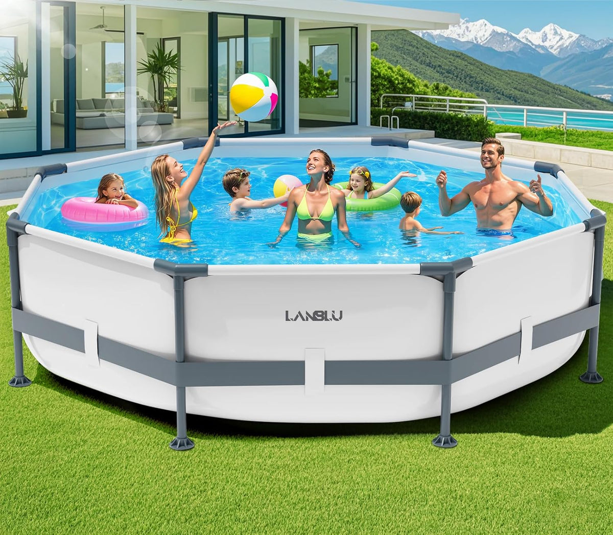 Round Tubular Swimming Pool 300 x 300 x 76cm, Round Above Ground Swimming Pool with Puncture-Proof Material, Large Steel Frame Swimming Pools for Adults Quick Draining, Garden Tubular Swimming Pools for the Whole Family