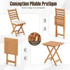 Acacia Wood Outdoor Bistro Set Folding Chairs and Table Set High Back Armless Seat Cushions White -