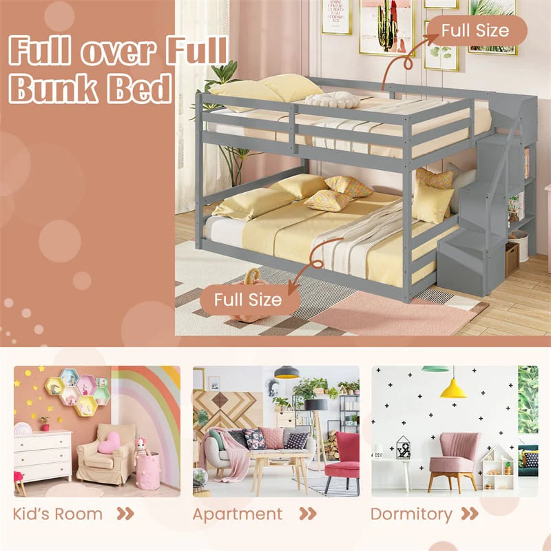 Full Over Full Bunk Bed with Storage Stairs, Solid Wood Floor Bunk Bed with Full-Length Guardrails - Product image 19