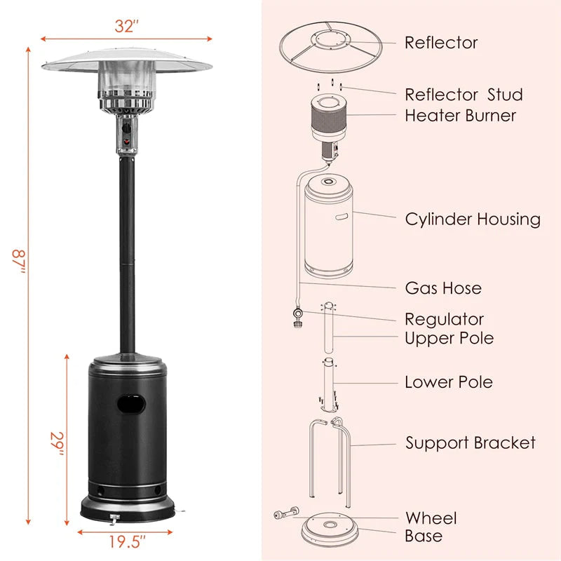 50, 000 BTU Propane Patio Heater, Standing Stainless Steel Outdoor Heater with Wheels, Triple Protection - Product image 32