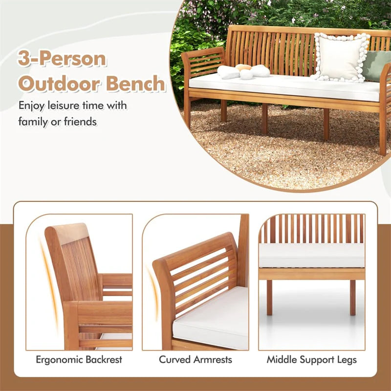 62.5" Outdoor Acacia Wood Bench with Removable Cushion, 3-Person Patio Garden Bench with High Backrest & - Product image 6
