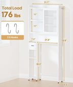 Over the Toilet Storage Cabinet with Acrylic Door Panel and Paper Towel Drawer, Bamboo Space Saver Shelf, Bathroom Organizer Rack Above WC (without Power Strip, White)