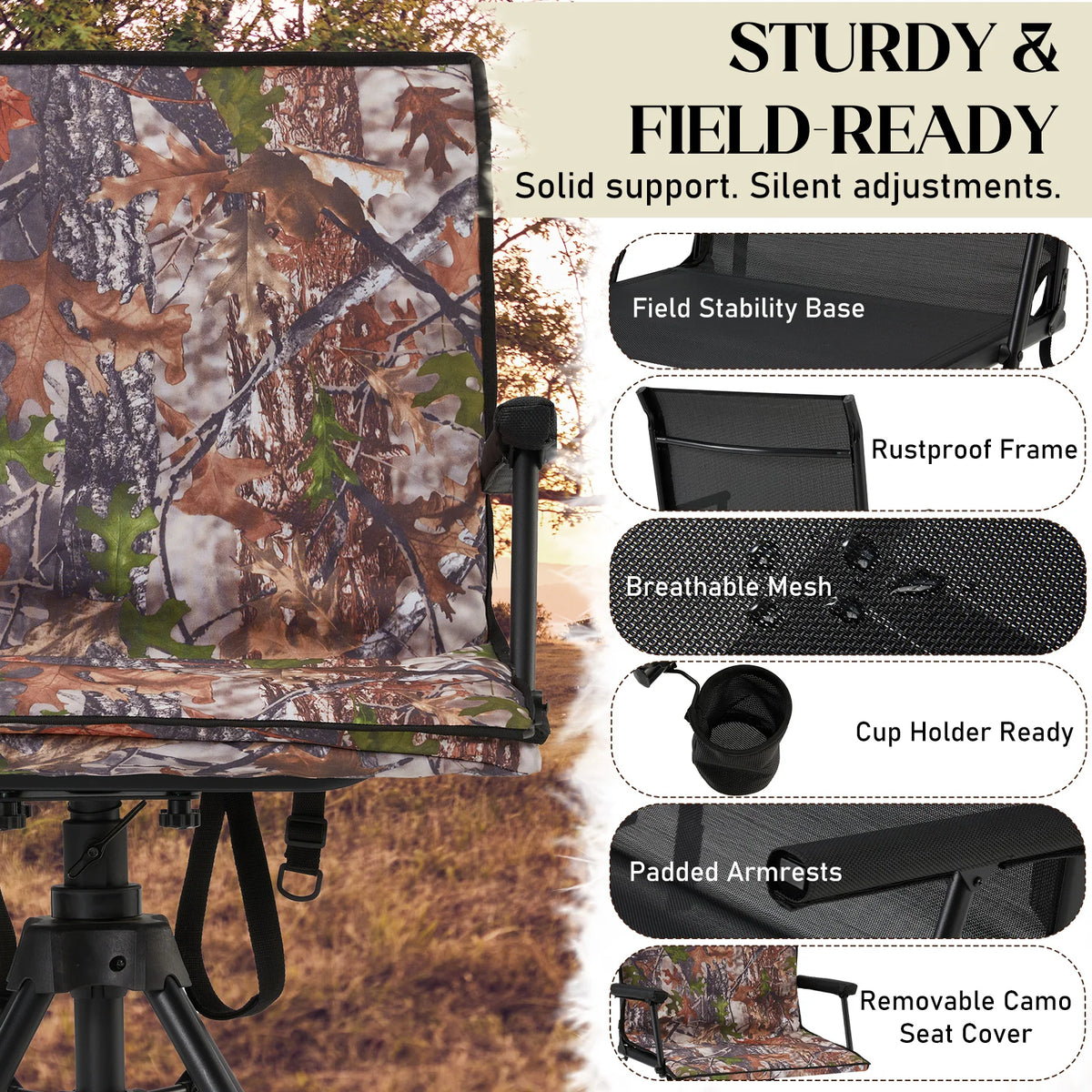 AECOJOY 360 Degree Silent Swivel Hunting Blind Chair with Bottle Rack,  Adjustable Height Camo Portable Foldable Outdoor Hunting and Fishing Chair