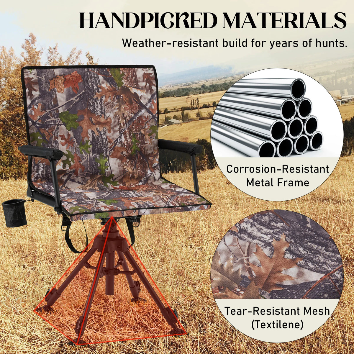 AECOJOY 360 Degree Silent Swivel Hunting Blind Chair with Bottle Rack,  Adjustable Height Camo Portable Foldable Outdoor Hunting and Fishing Chair