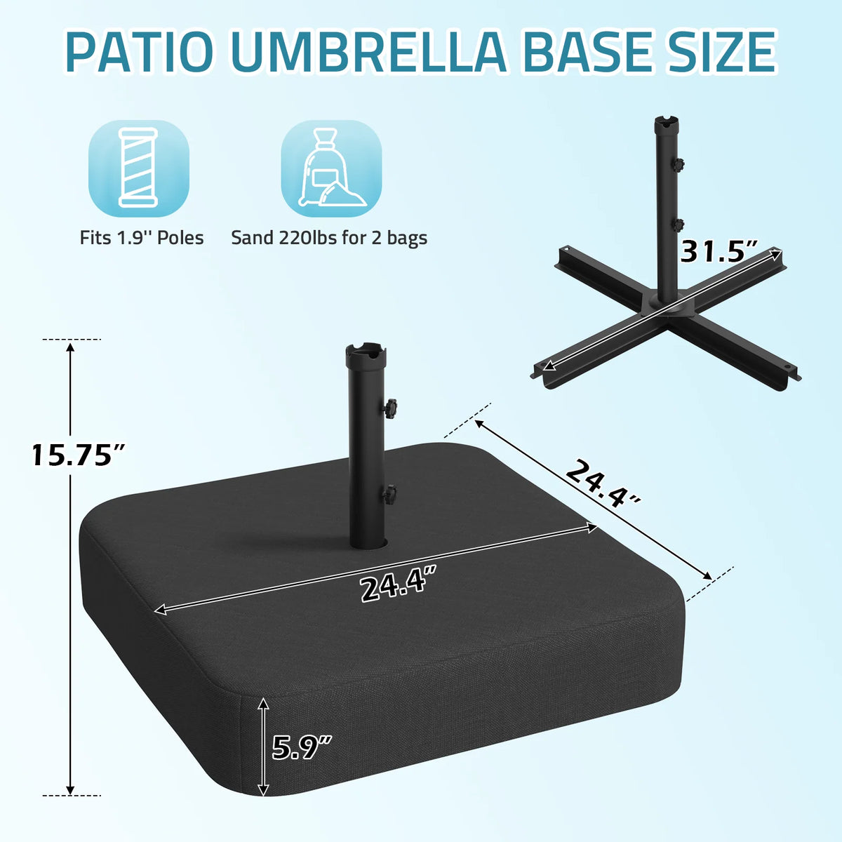 AECOJOY Patio Umbrella Base, 220 lbs Heavy Duty Sand Filled Weighted Umbrella Stand with 2 Sandbags - Product image 3