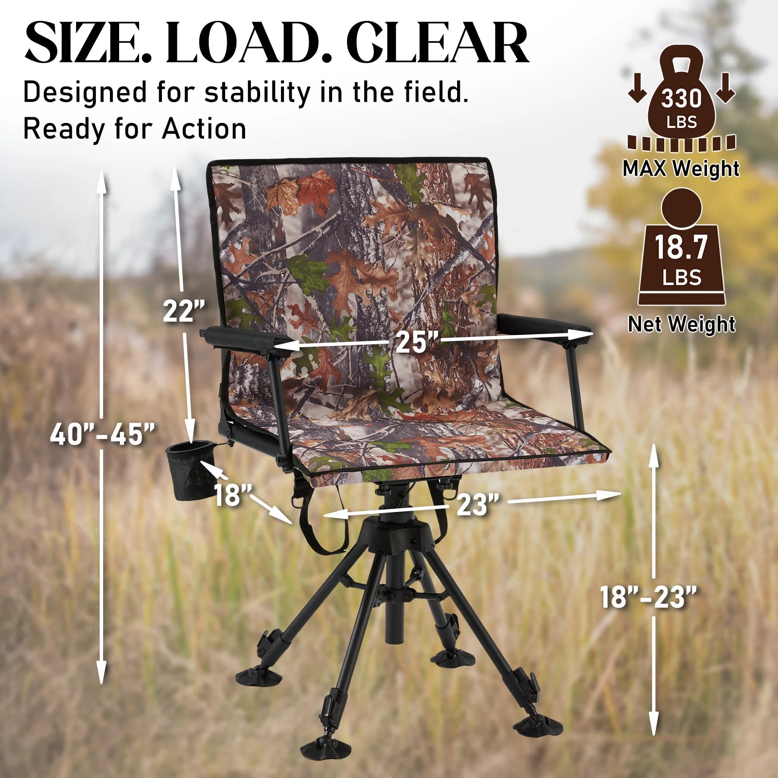 AECOJOY 360 Degree Silent Swivel Hunting Blind Chair with Bottle Rack,  Adjustable Height Camo Portable Foldable Outdoor Hunting and Fishing Chair