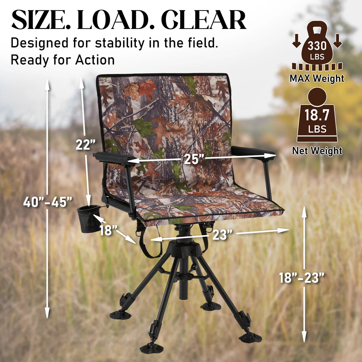 AECOJOY 360 Degree Silent Swivel Hunting Blind Chair with Bottle Rack,  Adjustable Height Camo Portable Foldable Outdoor Hunting and Fishing Chair