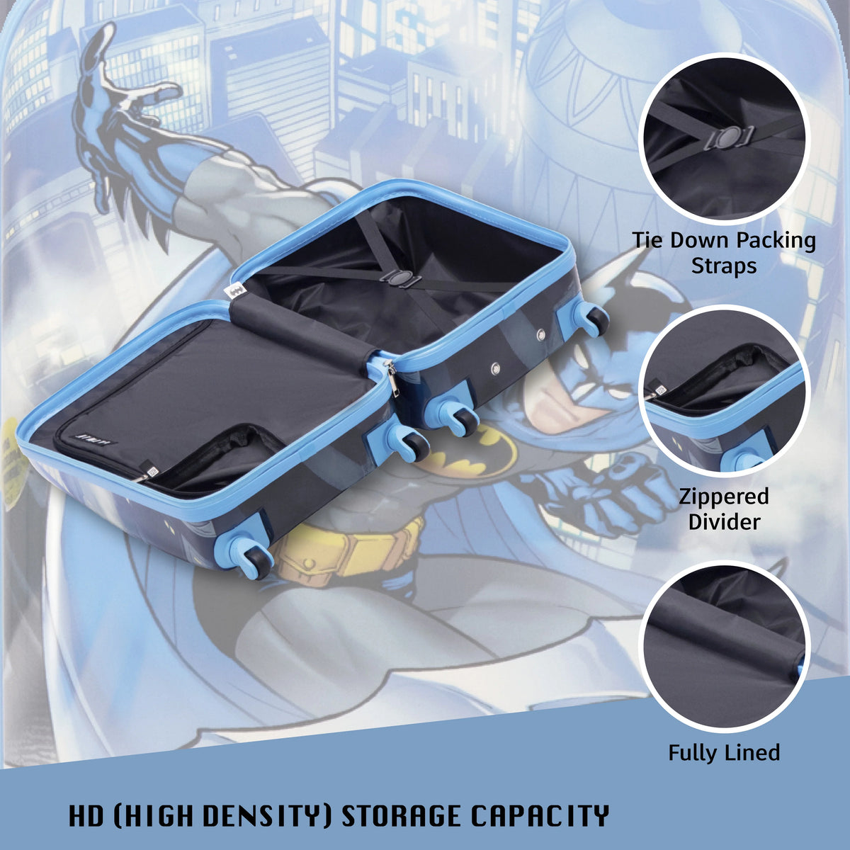 DC Comics Batman 21 in Kids Rolling Luggage, Hardshell Carry on Suitcase with Wheels, Blue